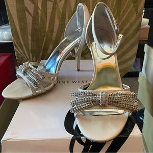 Nine West Silver Redazzled Bow Heeled Sandals